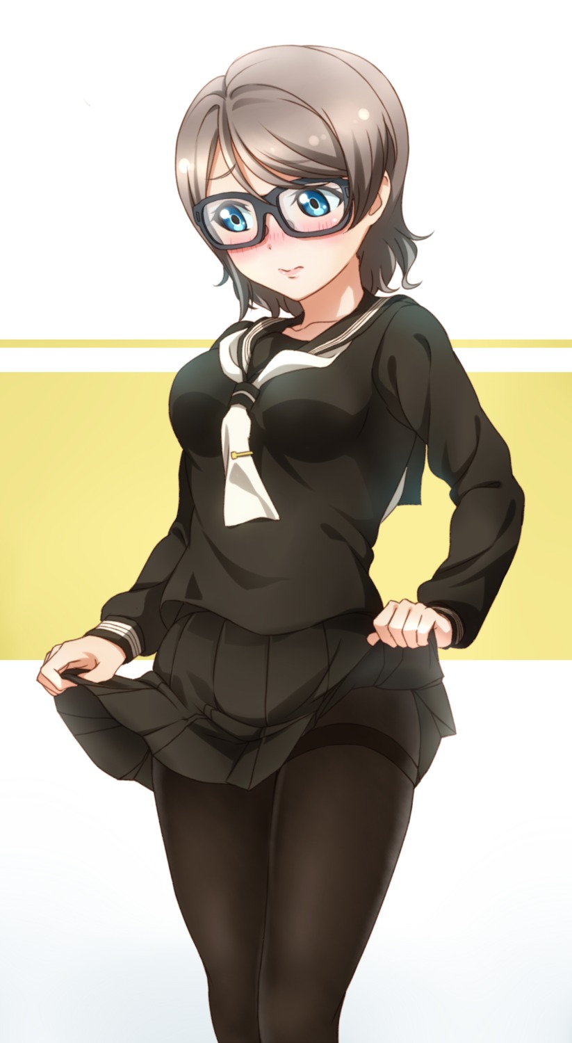 love_live!_(series), love_live!_sunshine!!, megane, pantyhose, seifuku, skirt_lift, surfing_orange, watanabe_you