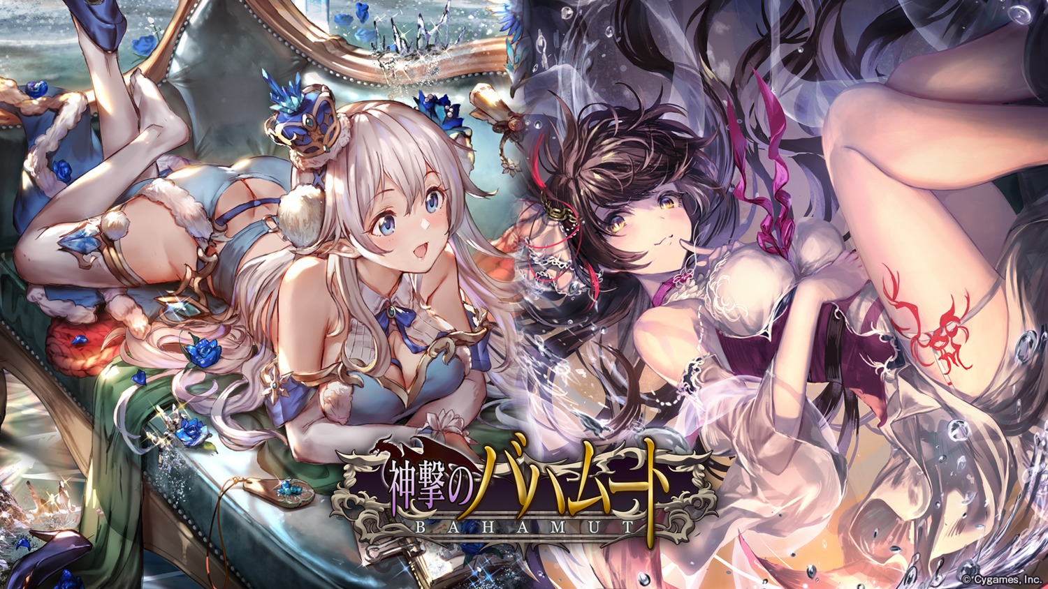 77gl, cleavage, garter, heels, irua, pointy_ears, shingeki_no_bahamut, tattoo