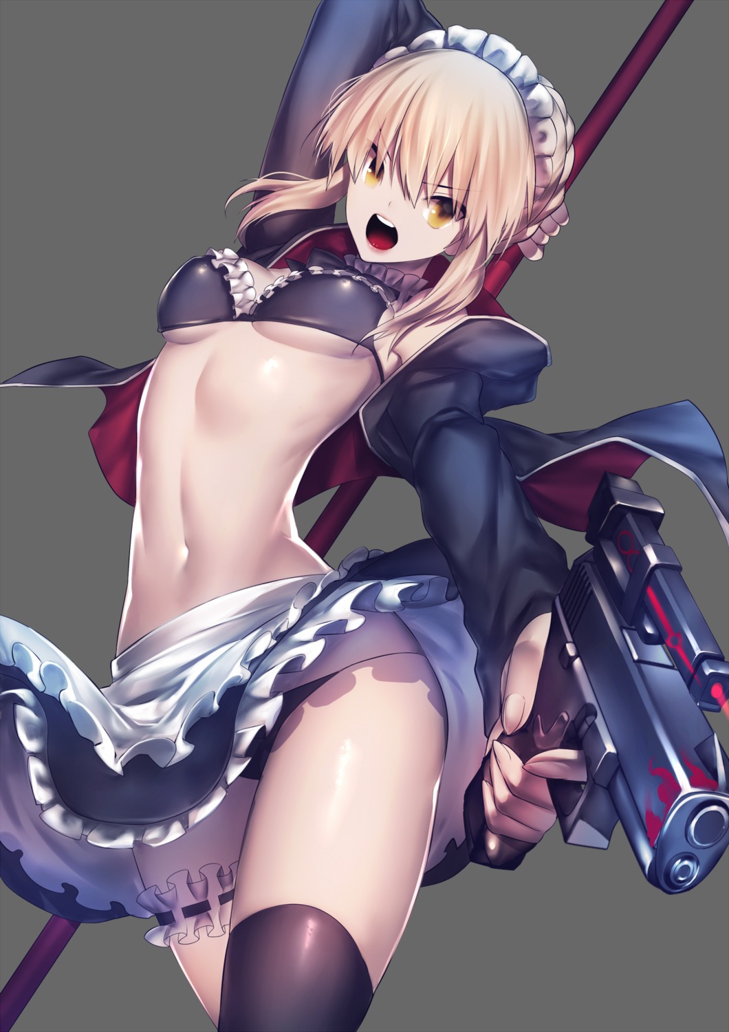 artoria_pendragon_(fate), artoria_pendragon_alter_(fate), bikini, fate/grand_order, garter, gun, maid, open_shirt, rahato, swimsuits, thighhighs, underboob