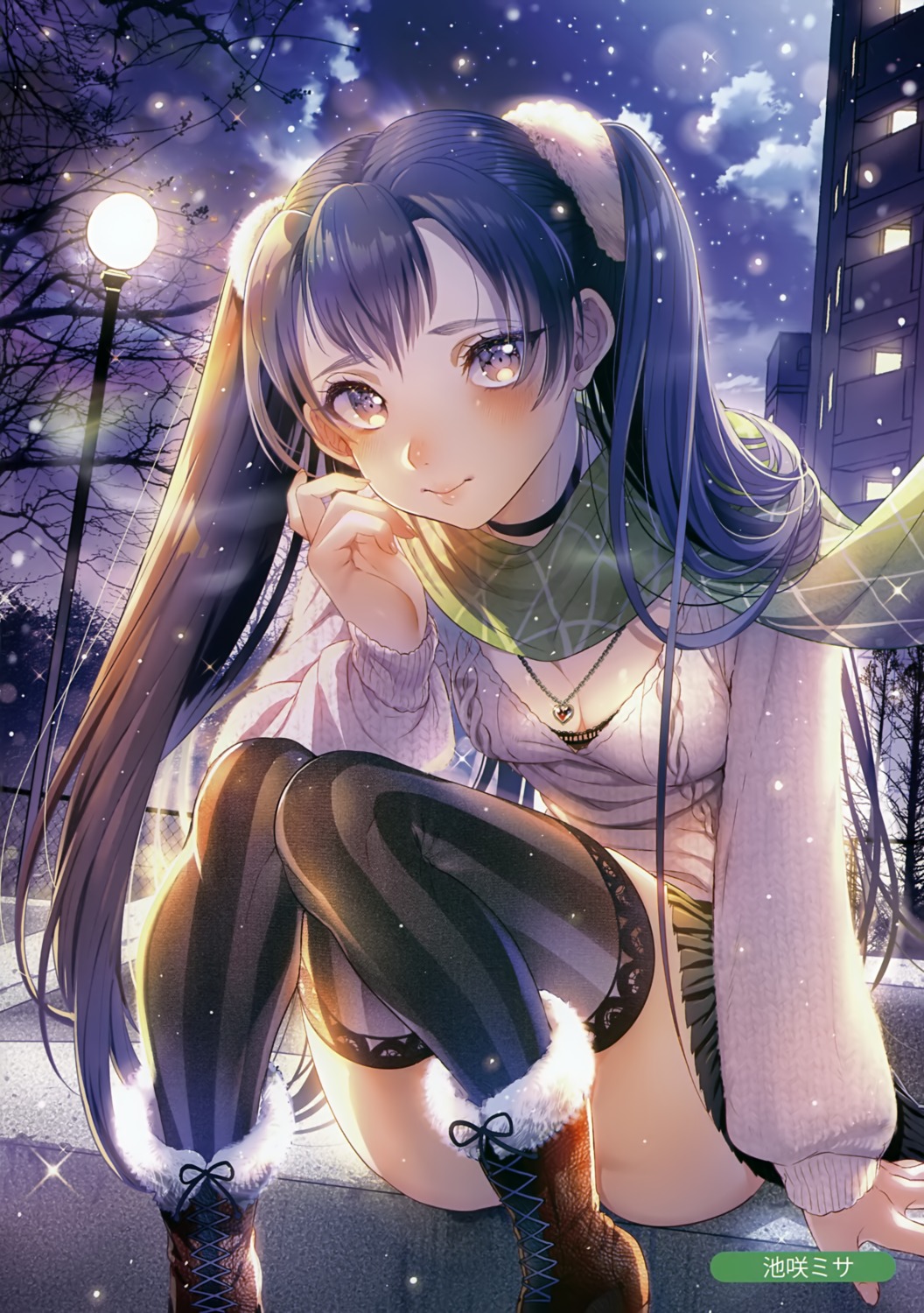 bra, cleavage, ikezaki_misa, melonbooks, sweater, thighhighs