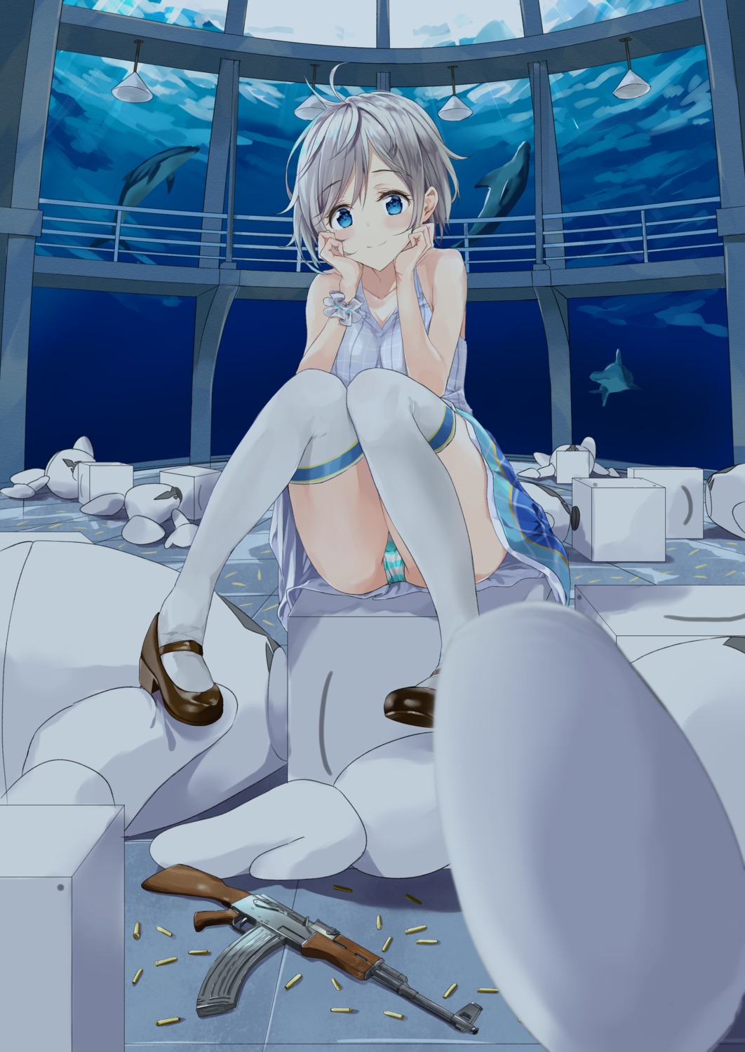 dennou_shoujo_youtuber_shiro, fujisaki_ribbon, gun, pantsu, shimapan, shiro_(dennou_shoujo_youtuber_shiro), thighhighs