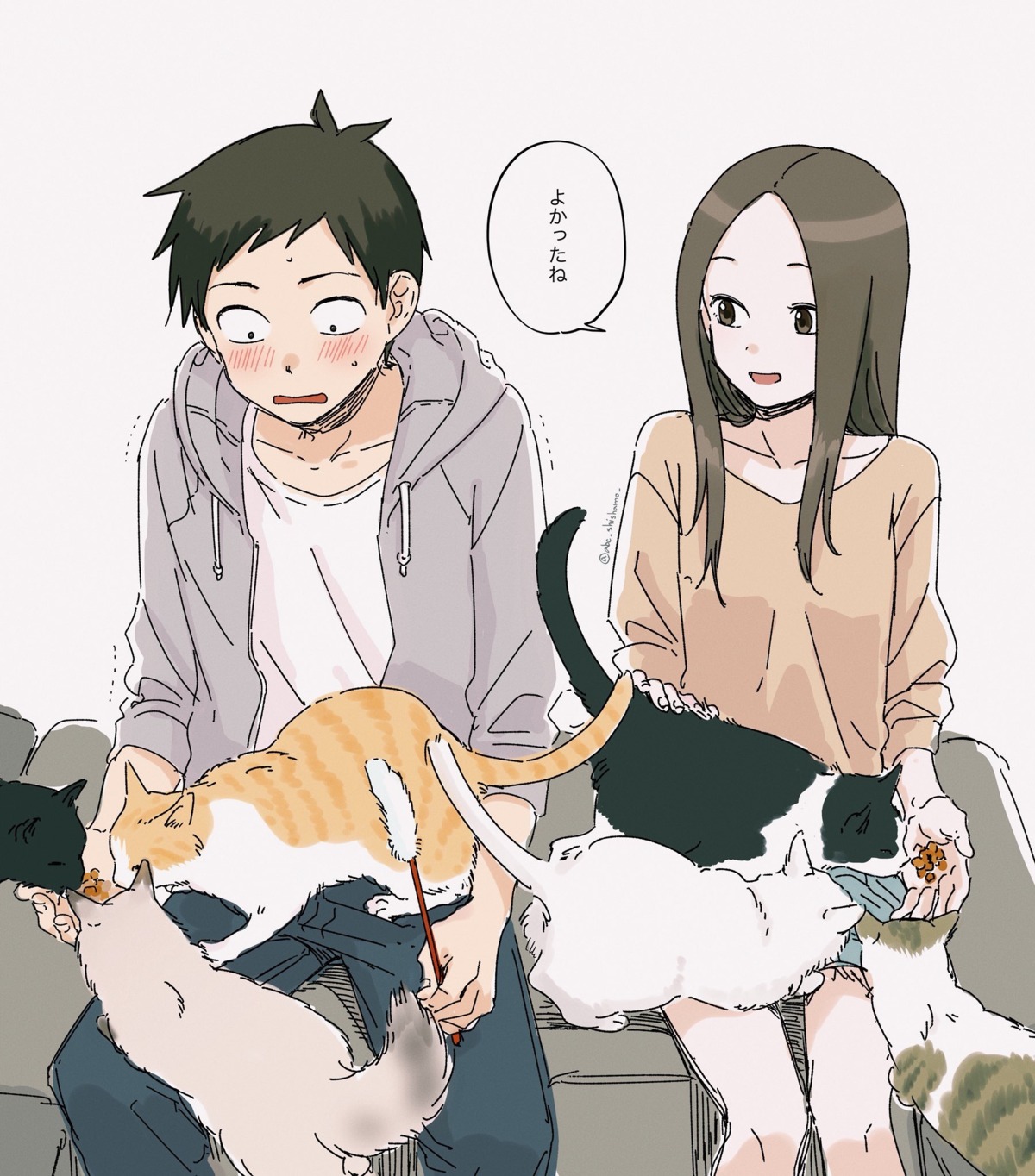 karakai_jouzu_no_takagi-san, neko, nishikata, shishamo, takagi-san
