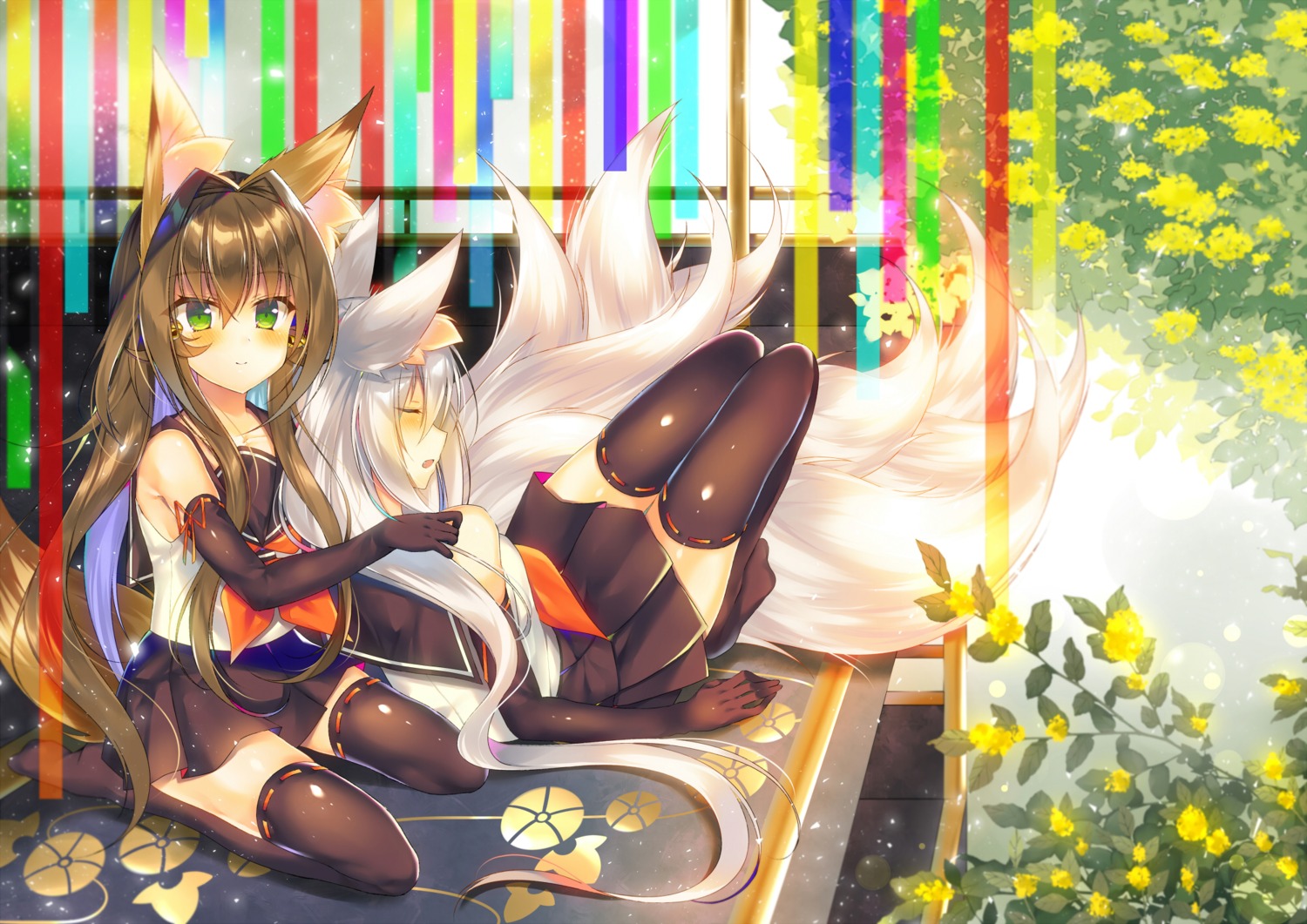 animal_ears, kitsune, saichuu, seifuku, tail, thighhighs