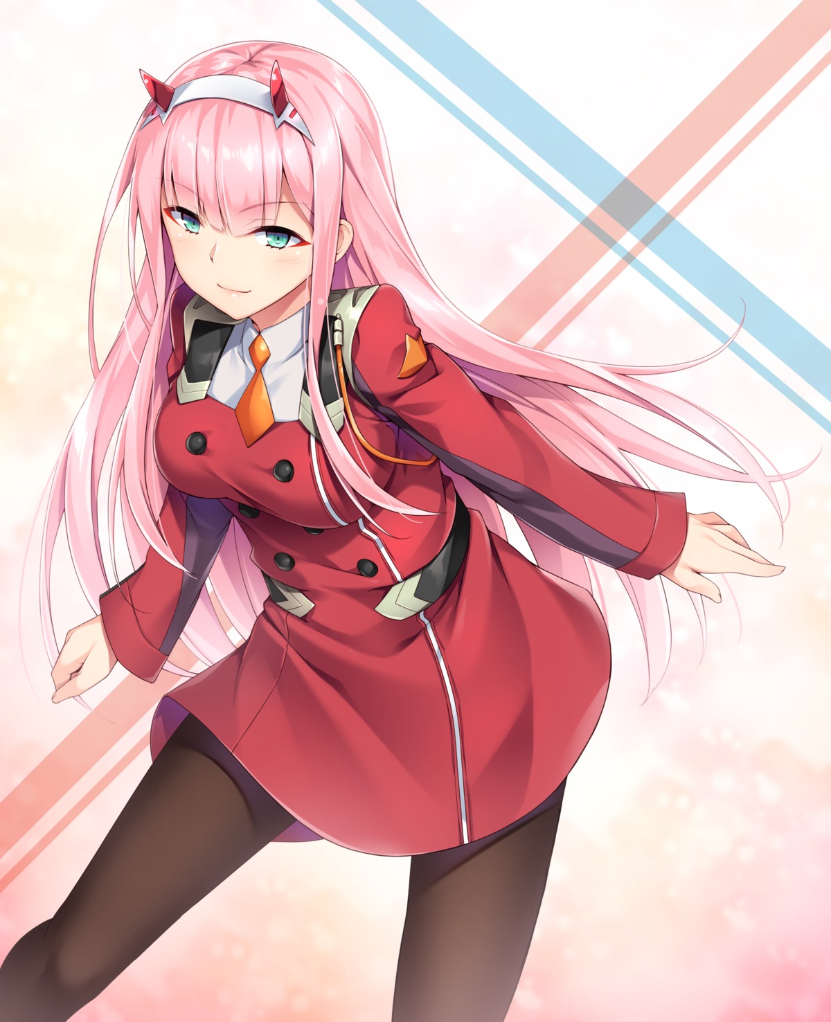 akizora_momiji, darling_in_the_franxx, horns, otukimi_koubo, pantyhose, uniform, zero_two_(darling_in_the_franxx)