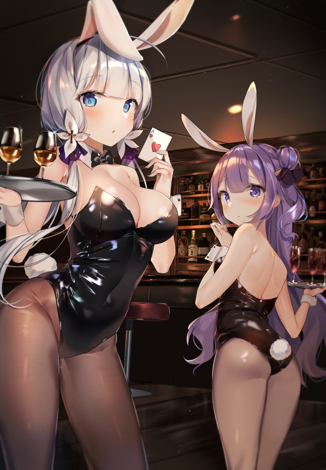 animal_ears, ass, azur_lane, bunny_ears, bunny_girl, cleavage, illustrious_(azur_lane), kurutsu, pantyhose, tail, unicorn_(azur_lane)