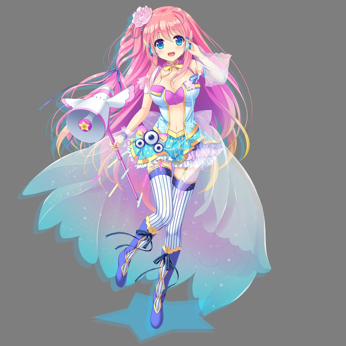 cleavage, headphones, hoshino_iroha, motoi_ayumu, pulltop, pure_song_garden!, stockings, thighhighs, transparent_png