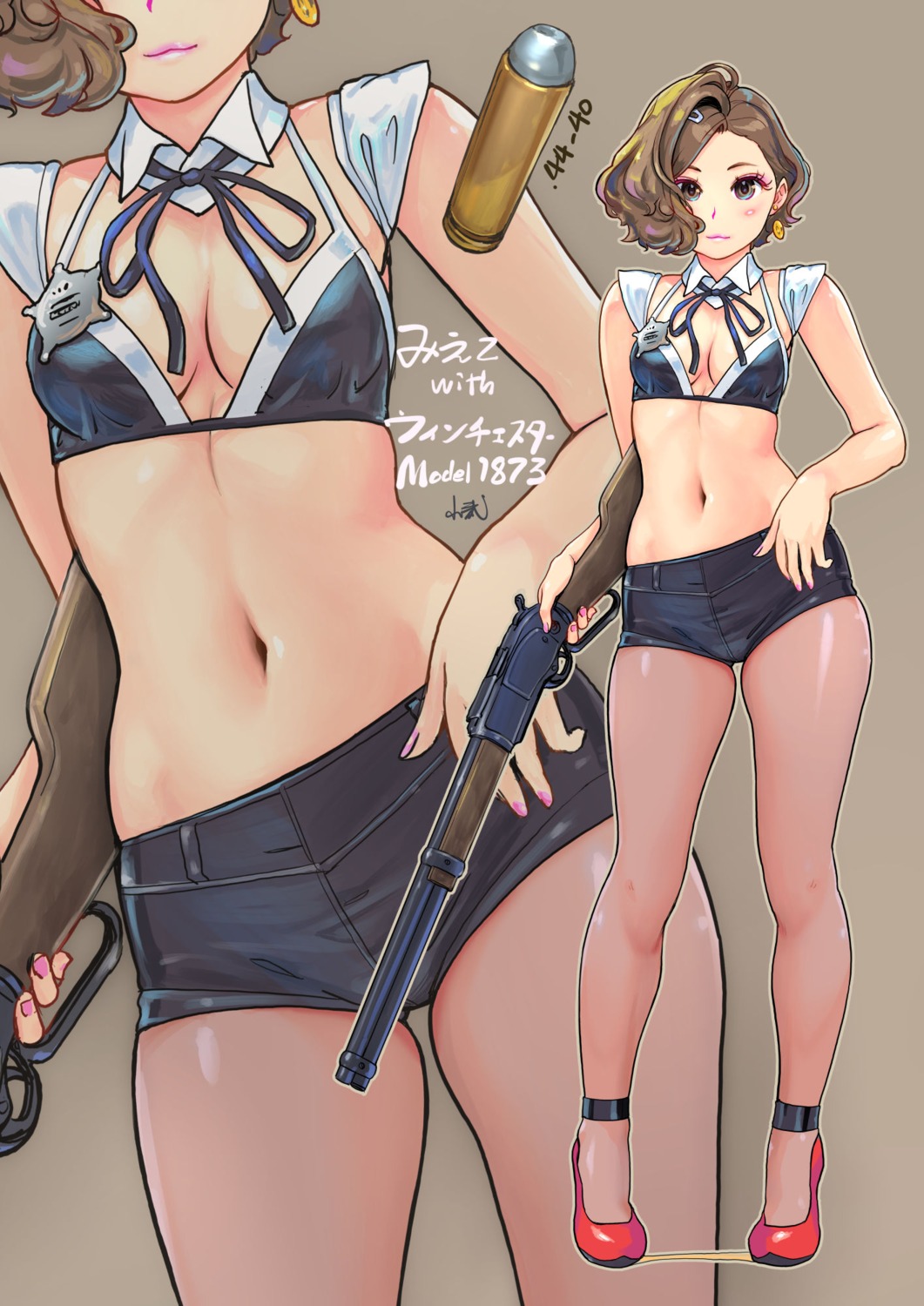 bikini_top, carina_(xiao_woo), cleavage, gun, heels, kishi_mieko, onna_shunin_-_kishi_mieko, pantyhose, swimsuits