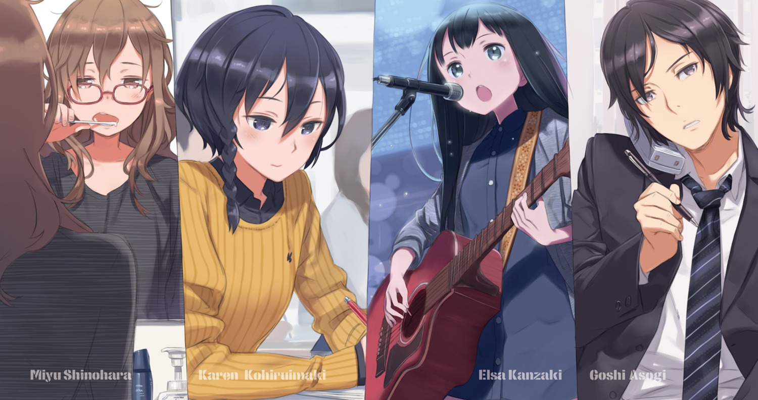 asougi_goushi, business_suit, guitar, kanzaki_elsa, kohiruimaki_karen, kuroboshi_kouhaku, megane, shinohara_miyu