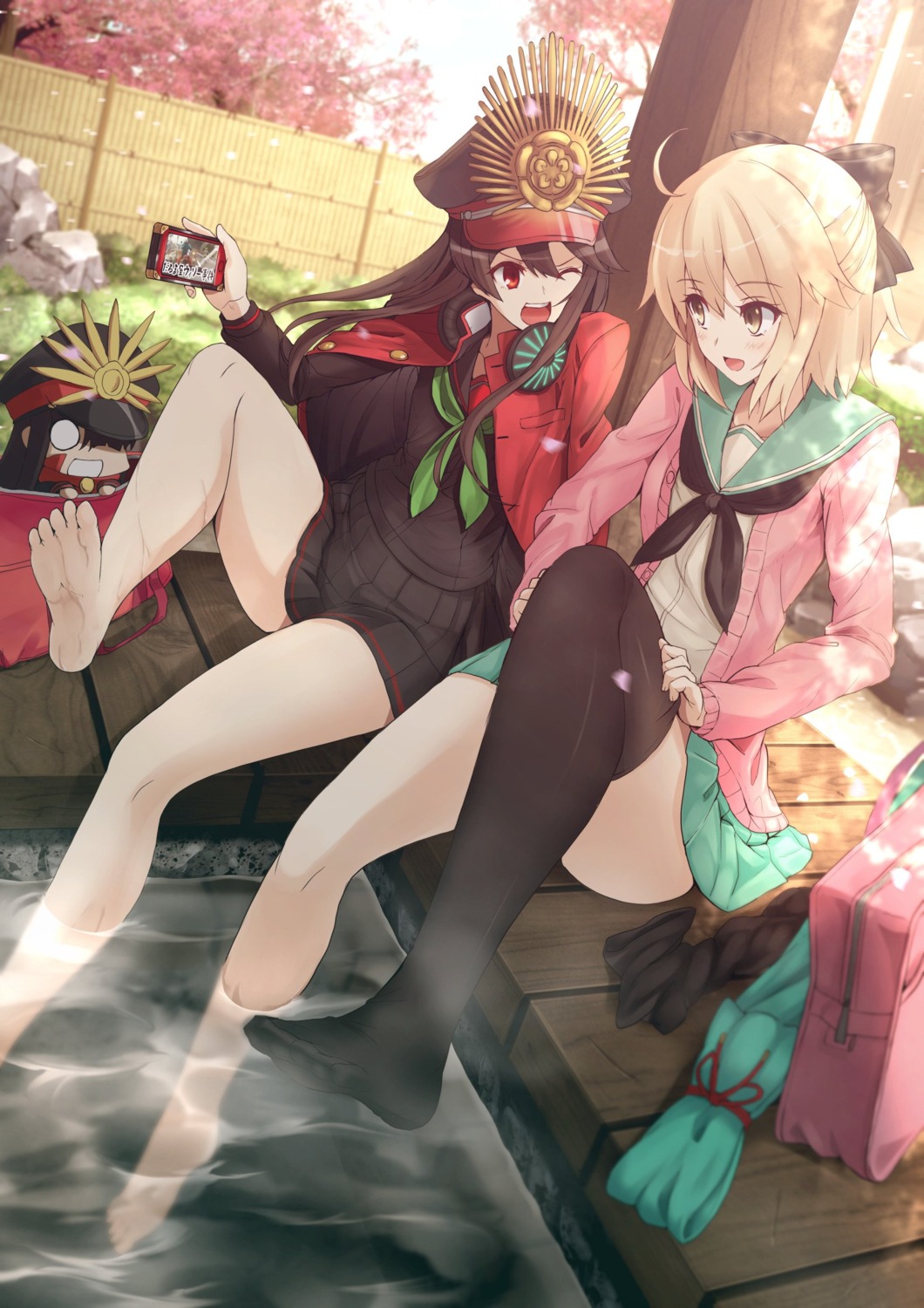 fate/grand_order, feet, oda_nobunaga_(fate), okita_souji_(fate), onsen, saiki_rider, seifuku, sweater