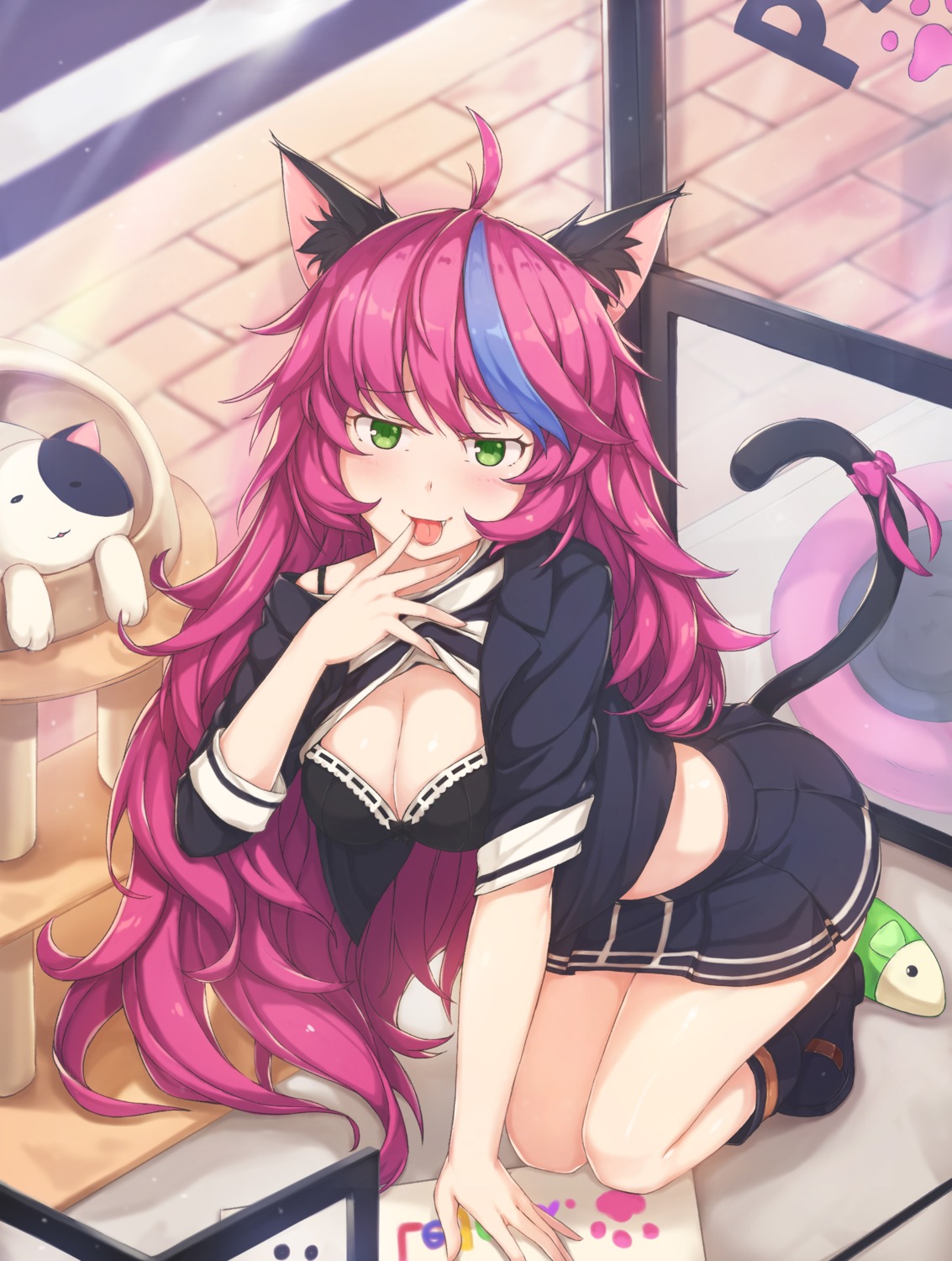 animal_ears, bra, cleavage, hallohi, nekomimi, shirt_lift, tail