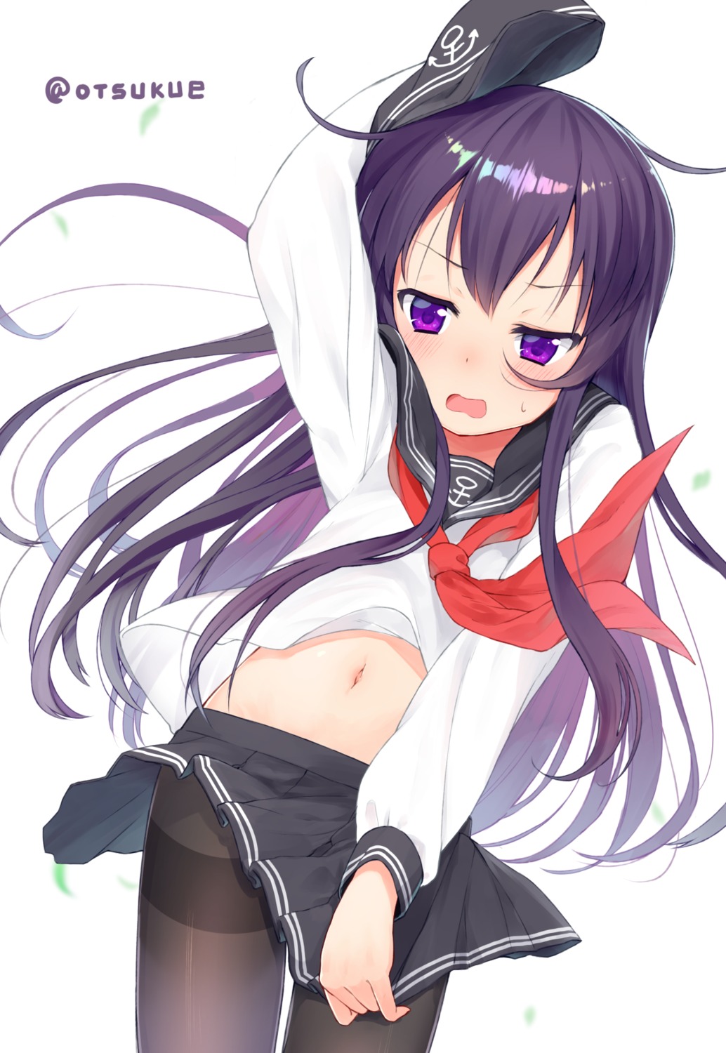 akatsuki_(kancolle), dx_(dekusu), kantai_collection, pantyhose, seifuku, shirt_lift, skirt_lift