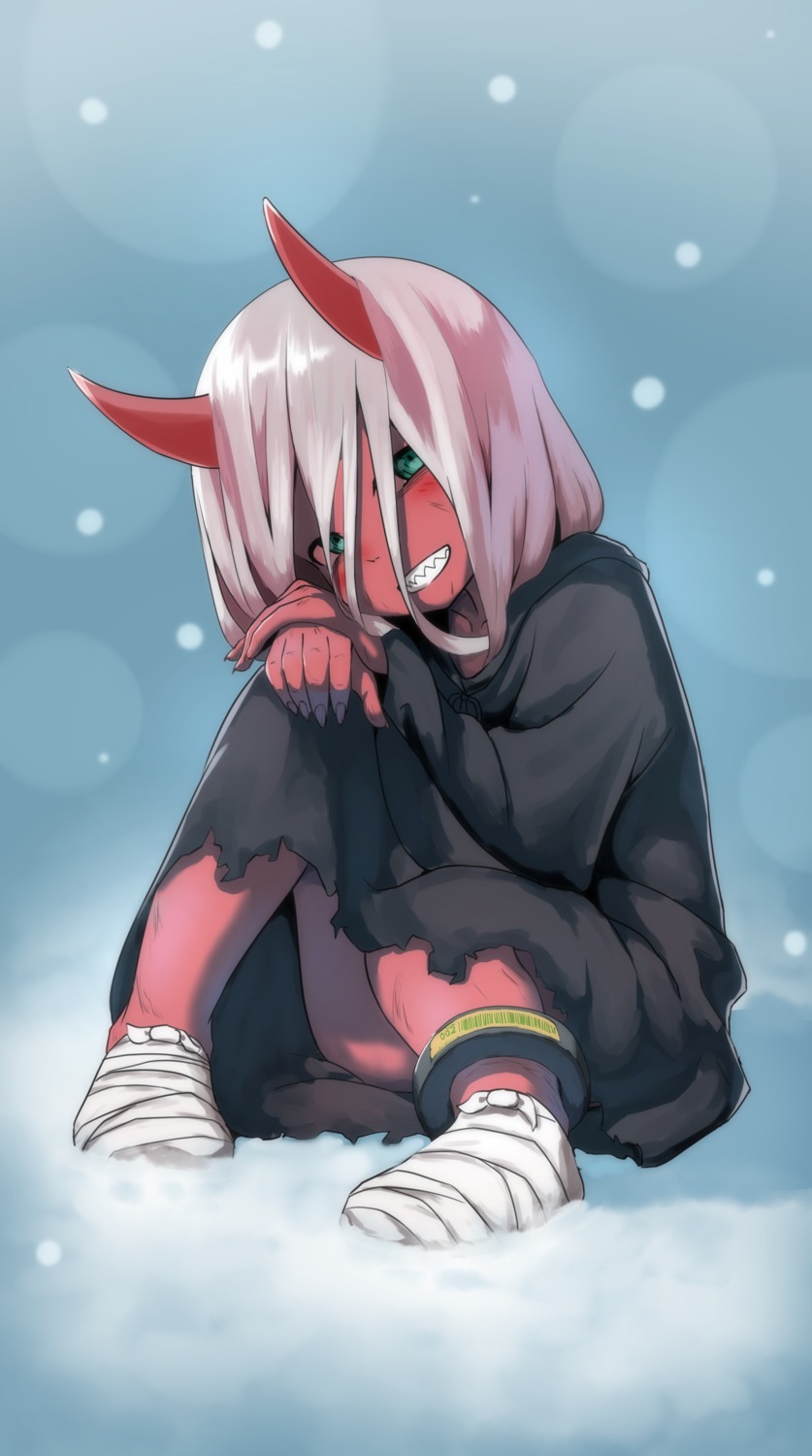 bandages, darling_in_the_franxx, feet, horns, kyabe_tsuka, zero_two_(darling_in_the_franxx)