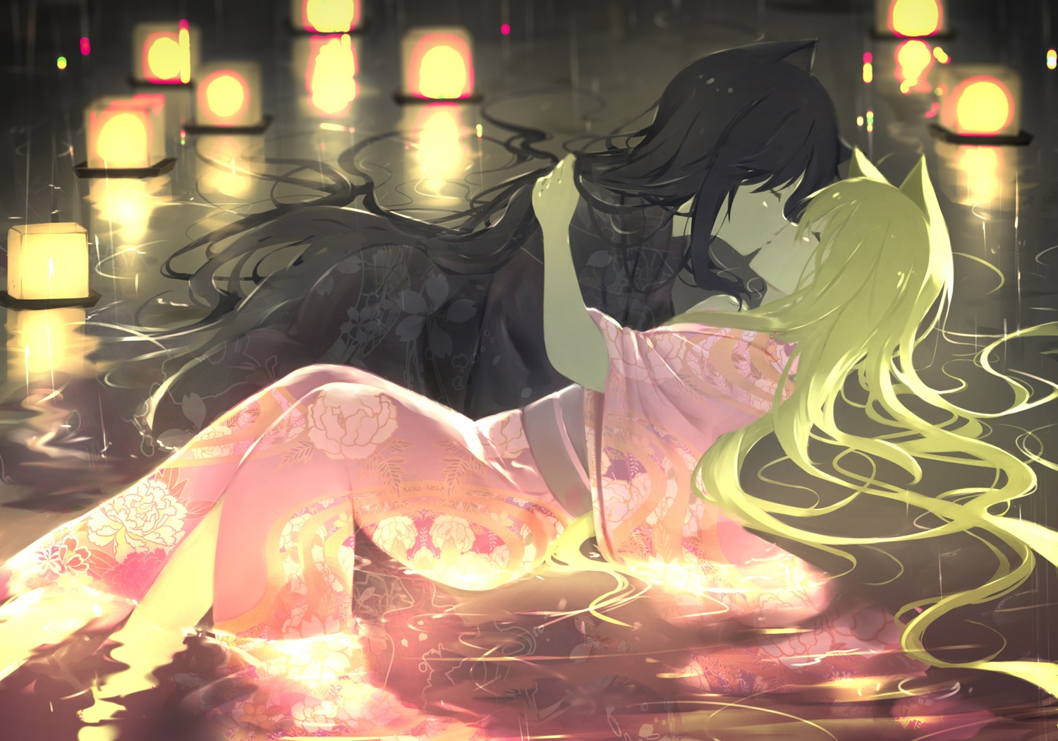 animal_ears, konohana_kitan, liu_yuequi, satsuki_(konohana_kitan), wet, yukata, yuri, yuzu_(konohana_kitan)