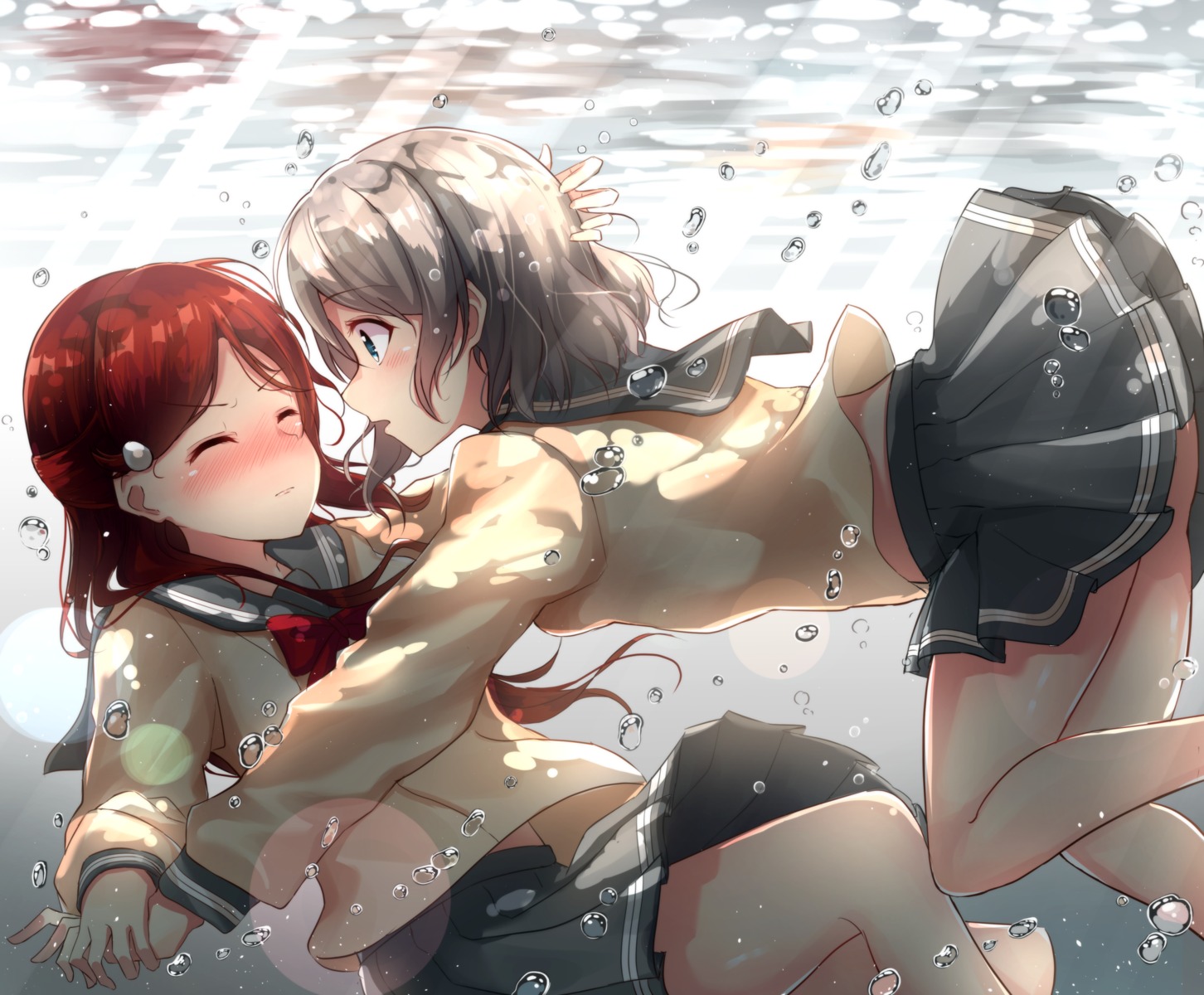 love_live!_(series), love_live!_sunshine!!, sakurauchi_riko, seifuku, skirt_lift, sonoko_neko, watanabe_you, yuri
