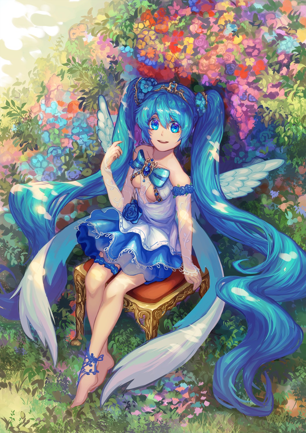 dress, garter, hatsune_miku, no_bra, raymond_busujima, see_through, vocaloid, wings