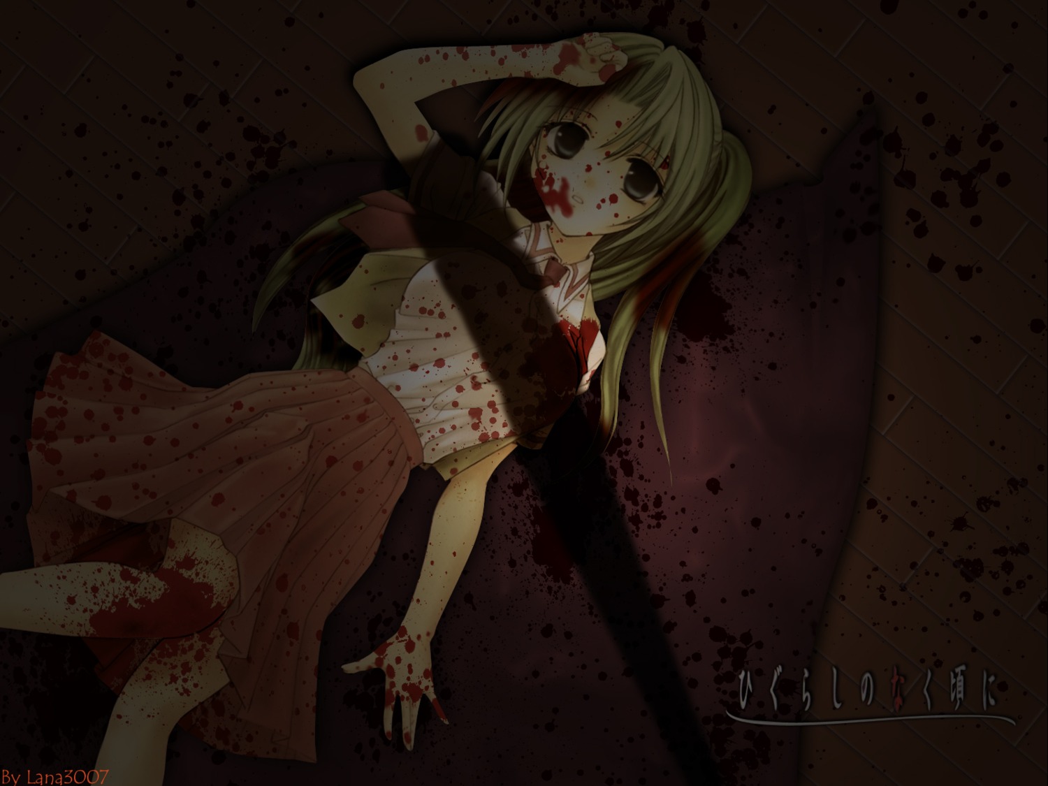blood, higurashi_no_naku_koro_ni, houjou_yutori, sonozaki_mion, wallpaper, watermark