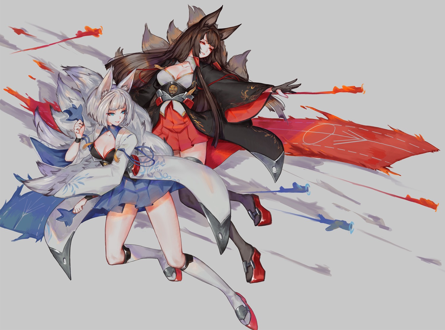 akagi_(azur_lane), animal_ears, azur_lane, cleavage, kaga_(azur_lane), softmode, tail, thighhighs
