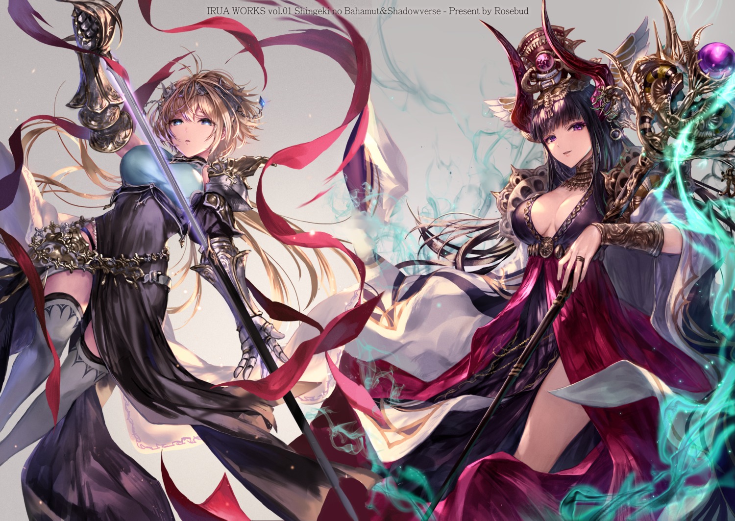 armor, cleavage, dress, horns, irua, roland_(shadowverse), shadowverse, shingeki_no_bahamut, sword, thighhighs