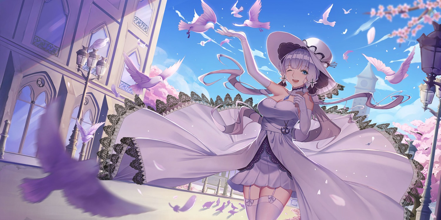 azur_lane, cleavage, dress, illustrious_(azur_lane), j_junz, stockings, thighhighs