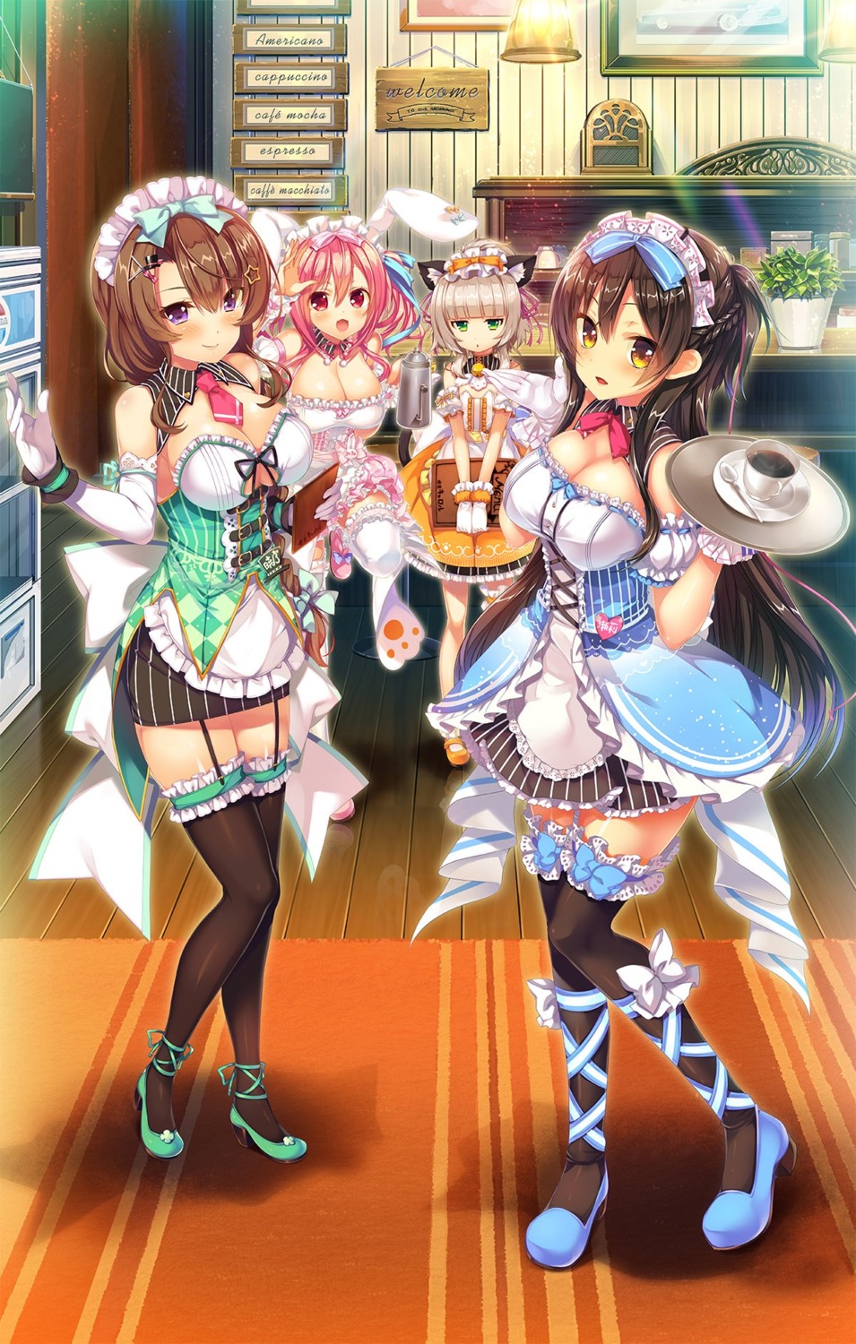 abnormal_lovers, animal_ears, asahina_seri, ayuma_sayu, bunny_ears, cleavage, garter, heels, kaburagi_yukana, maid, mayuzaki_yuu, nekomimi, onodera_akeno, shimamiya_mimi, stockings, tail, thighhighs, tortesoft, waitress