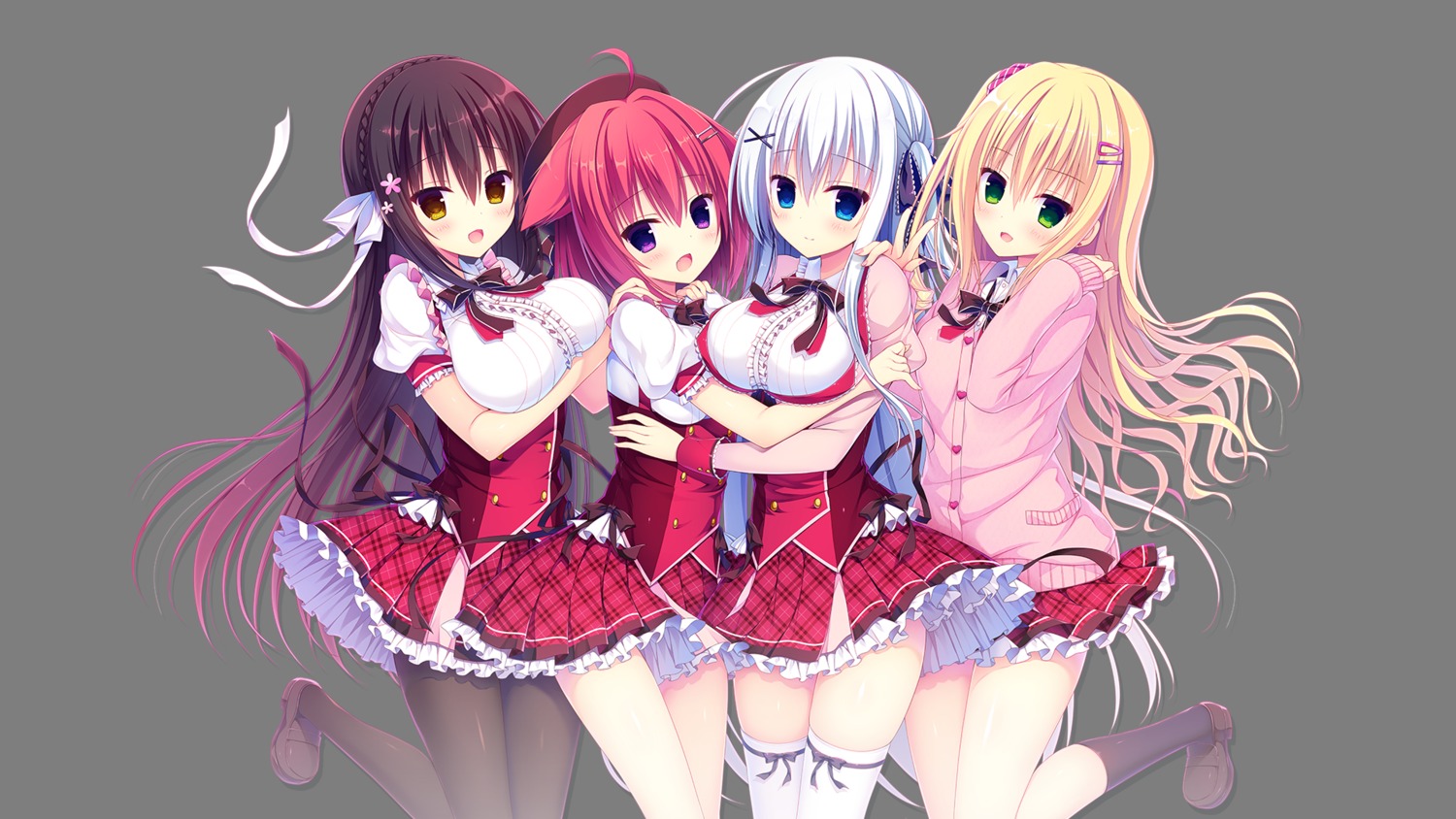 breast_hold, hasune, kaidou_mikoto, kanou_minato, madosoft, pantyhose, raspberry_cube, sakuraba_victoria_ruri, seifuku, sweater, thighhighs, transparent_png, yuzuki_yuu
