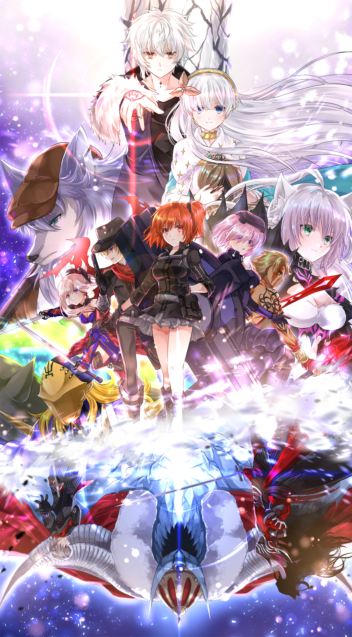 anastasia_(fate/grand_order), animal_ears, atalanta_alter_(fate), billy_the_kid_(fate/grand_order), cleavage, fate/grand_order, fujimaru_ritsuka_(female), gun
