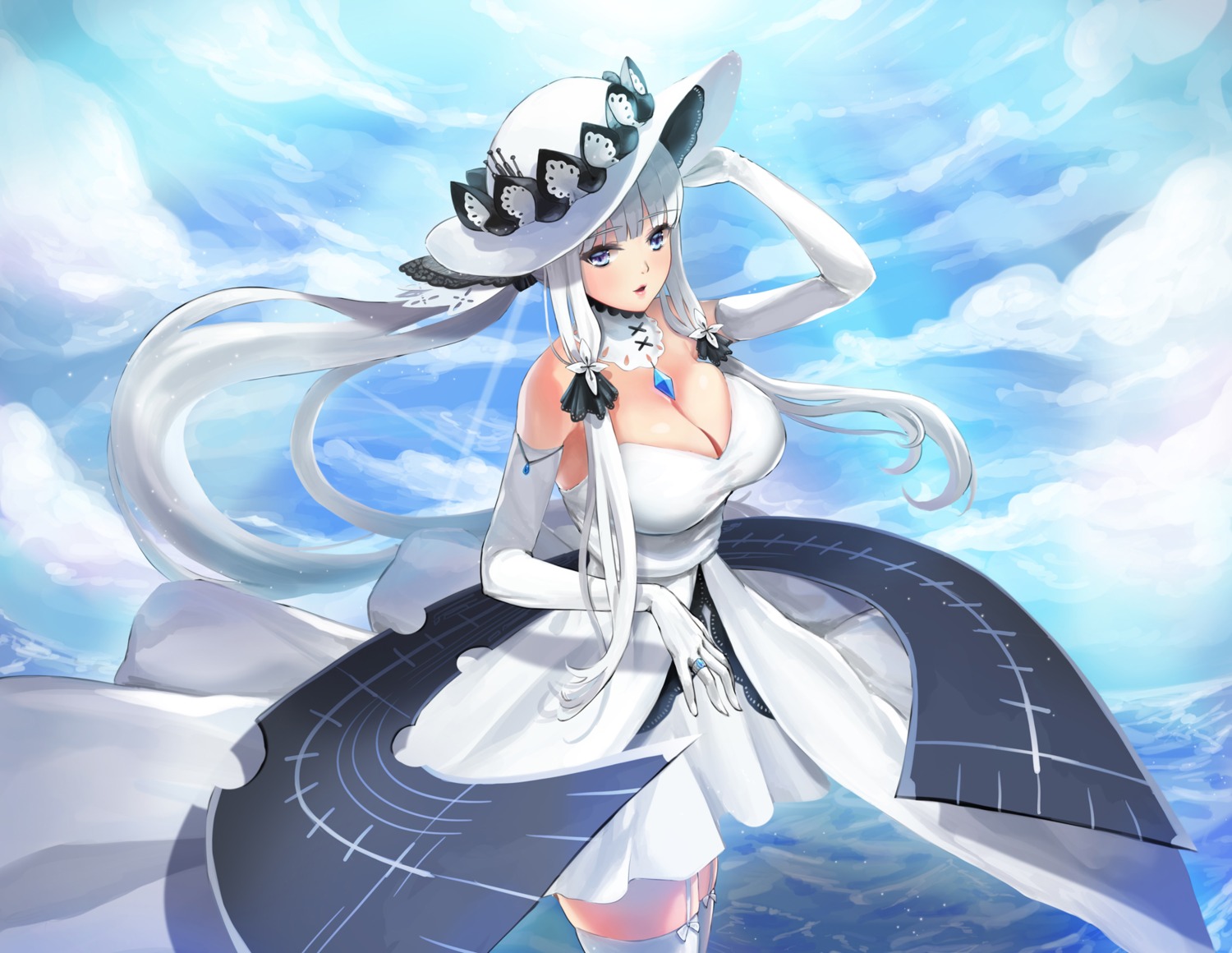 azur_lane, cleavage, dress, illustrious_(azur_lane), kyo_(user_jpfr5738), stockings, thighhighs