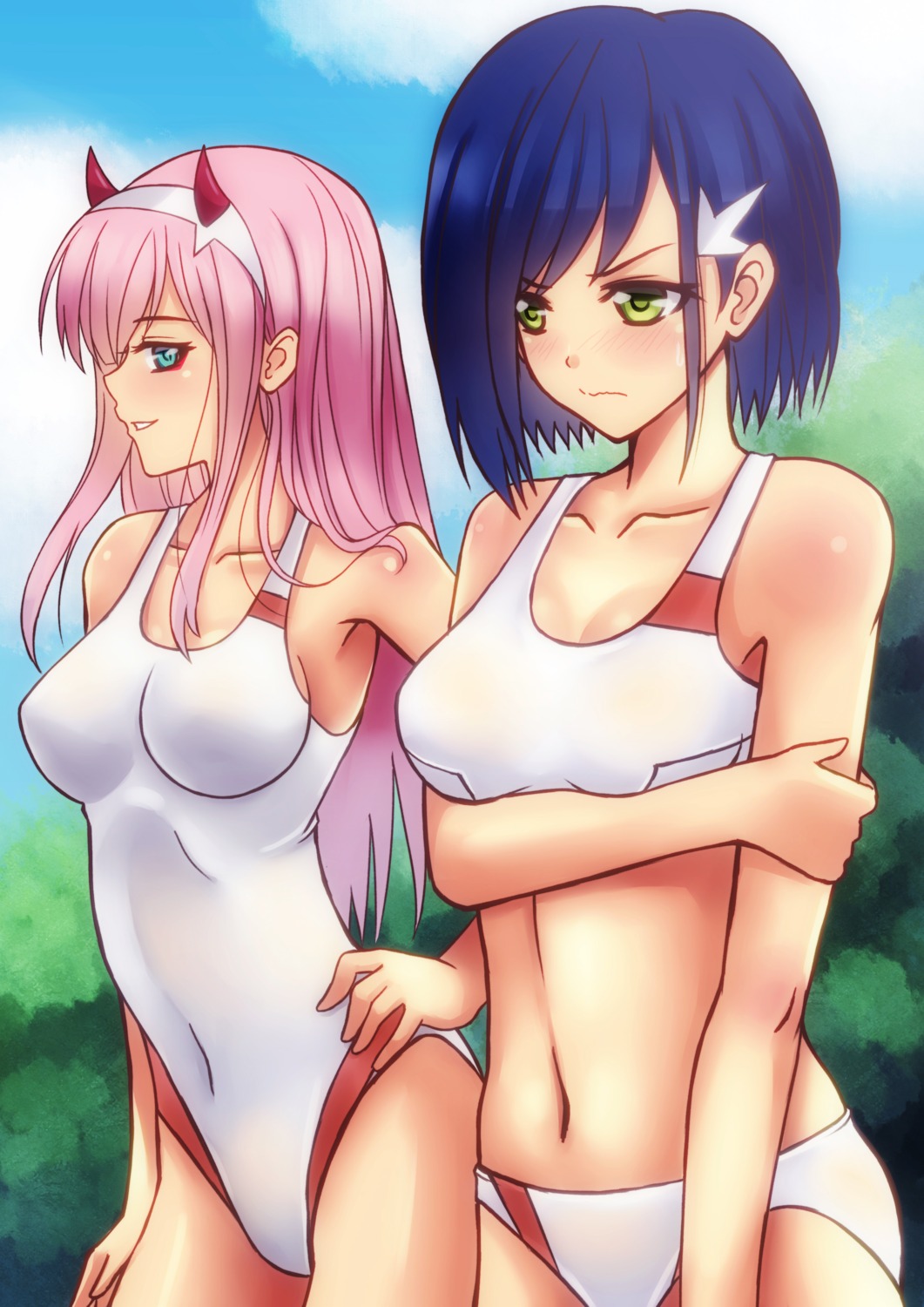 bikini, breast_hold, cleavage, darling_in_the_franxx, horns, ichigo_(darling_in_the_franxx), sawwei005, swimsuits