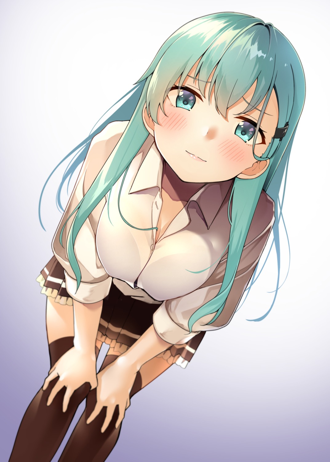 byte, cleavage, kantai_collection, seifuku, suzuya_(kancolle), thighhighs