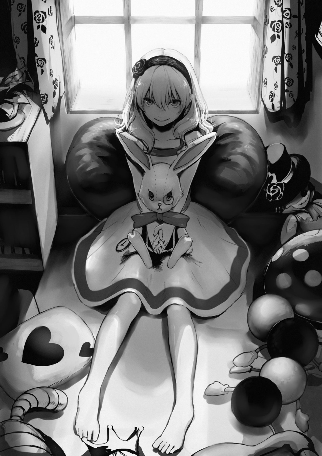 alice, alice_in_wonderland, dress, feet, monochrome, romiy, white_rabbit