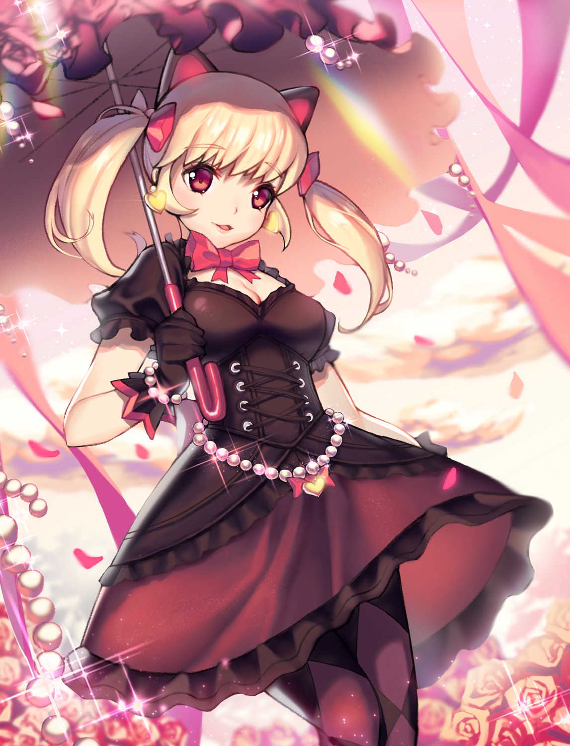 animal_ears, cleavage, d.va, dress, ennn, gothic_lolita, lolita_fashion, overwatch, pantyhose, umbrella