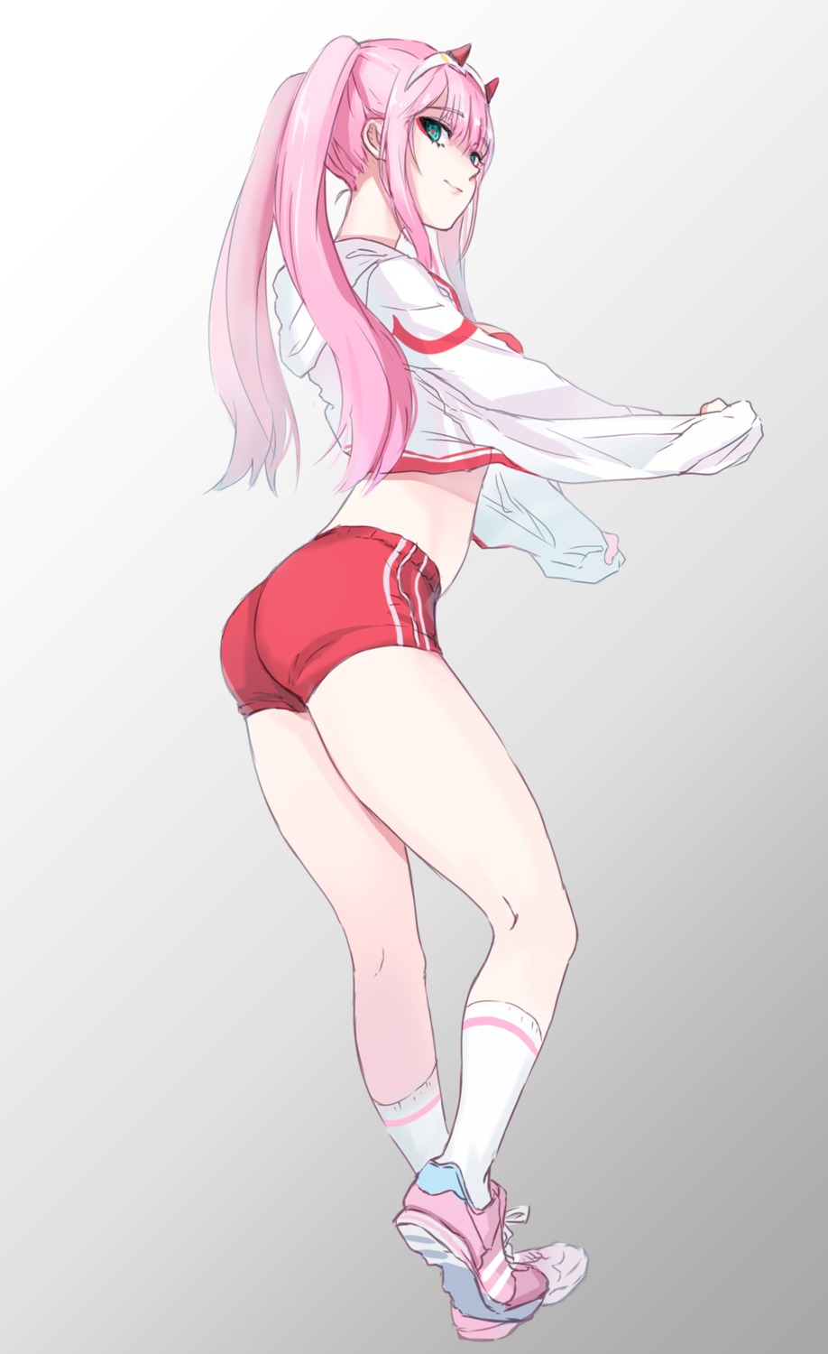 ass, darling_in_the_franxx, gym_uniform, horns, nakadai_chiaki, zero_two_(darling_in_the_franxx)