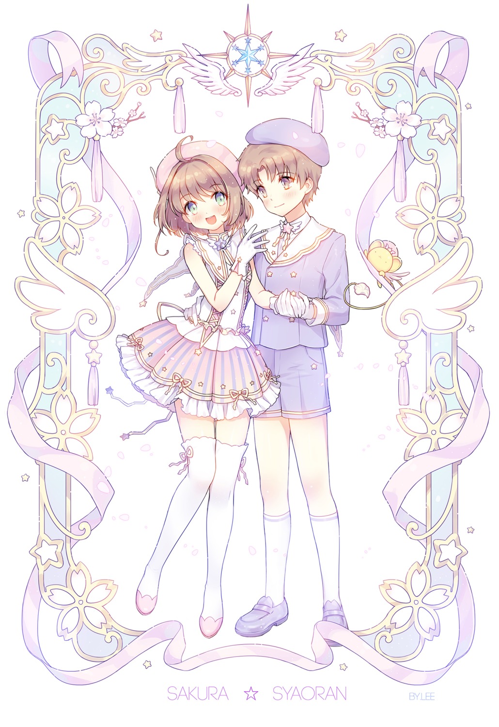 card_captor_sakura, kangyui, kerberos, kinomoto_sakura, li_syaoran, thighhighs, wings