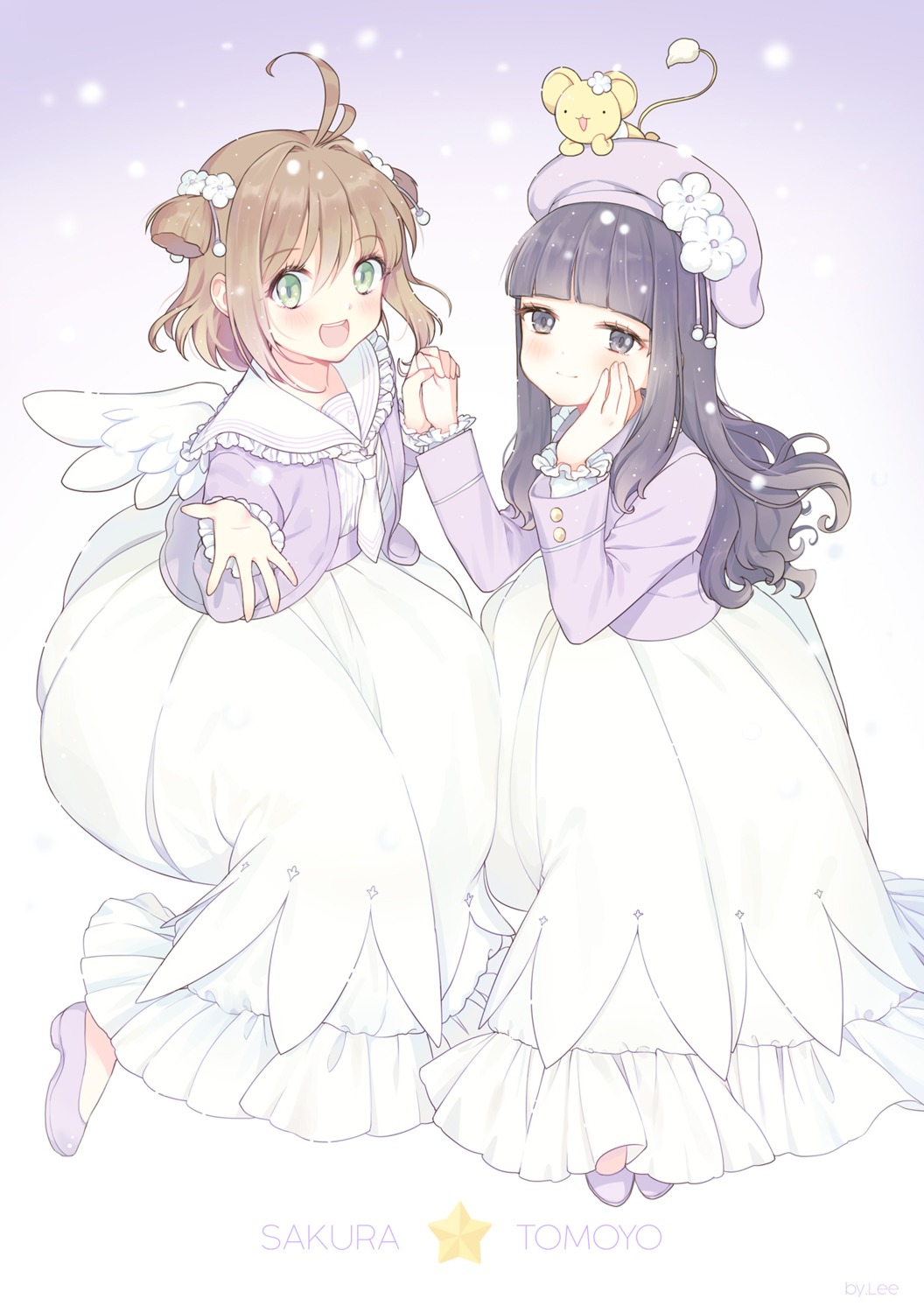 card_captor_sakura, daidouji_tomoyo, dress, heels, kangyui, kerberos, kinomoto_sakura, wings