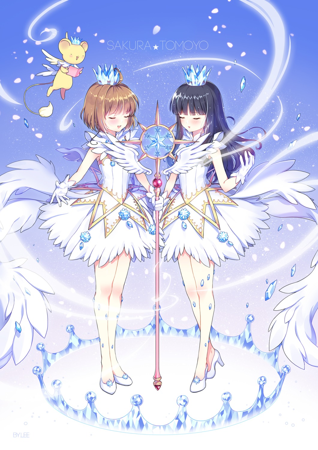 card_captor_sakura, daidouji_tomoyo, dress, heels, kangyui, kerberos, kinomoto_sakura, weapon, wings