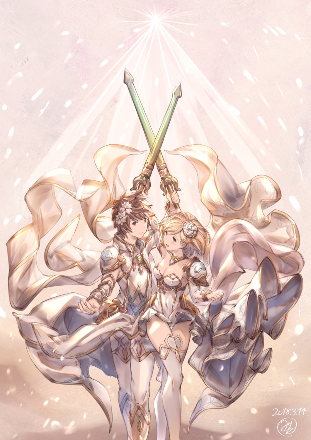 armor, cleavage, djeeta_(granblue_fantasy), gran_(granblue_fantasy), granblue_fantasy, milli_little, sword, thighhighs
