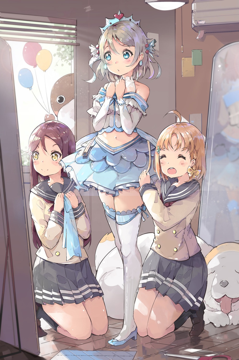 heels, love_live!_(series), love_live!_sunshine!!, qianqian, sakurauchi_riko, seifuku, takami_chika, thighhighs