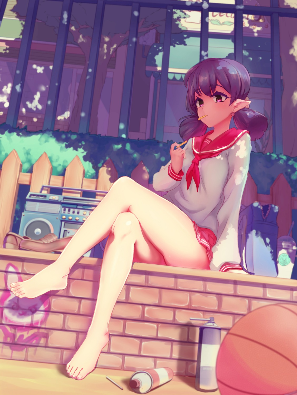 basketball, feet, muryou_myakudou, pointy_ears, seifuku