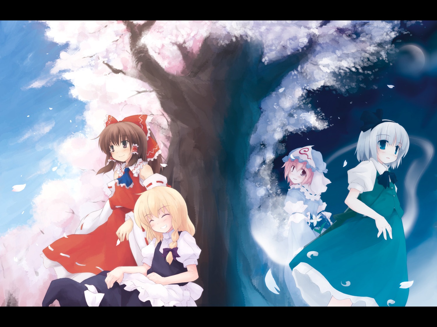 hakurei_reimu, kirisame_marisa, konpaku_youmu, leviathan_(zettai_bouei_leviathan), saigyouji_yuyuko, touhou, wallpaper, yukitaro