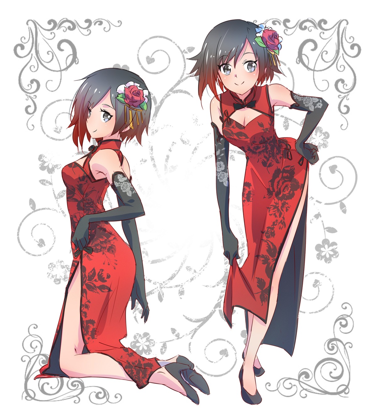 chinadress, cleavage, heels, iesupa, ruby_rose, rwby, skirt_lift