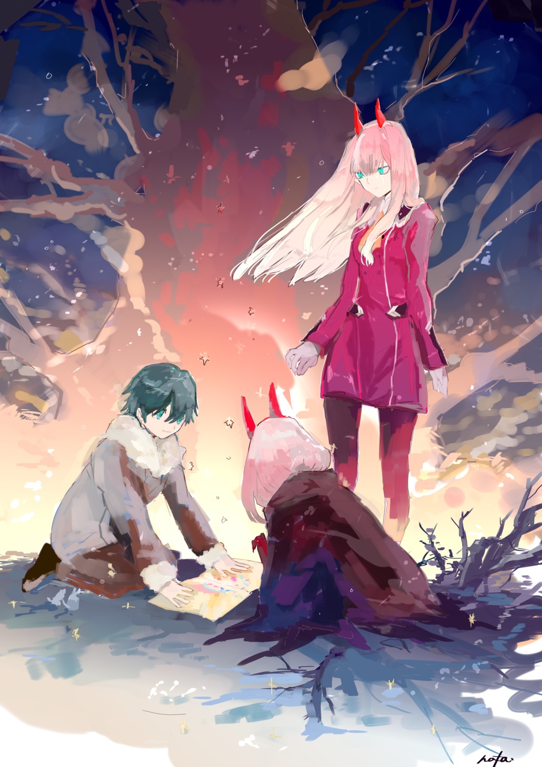 darling_in_the_franxx, hiro_(darling_in_the_franxx), horns, nata, pantyhose, uniform, zero_two_(darling_in_the_franxx)