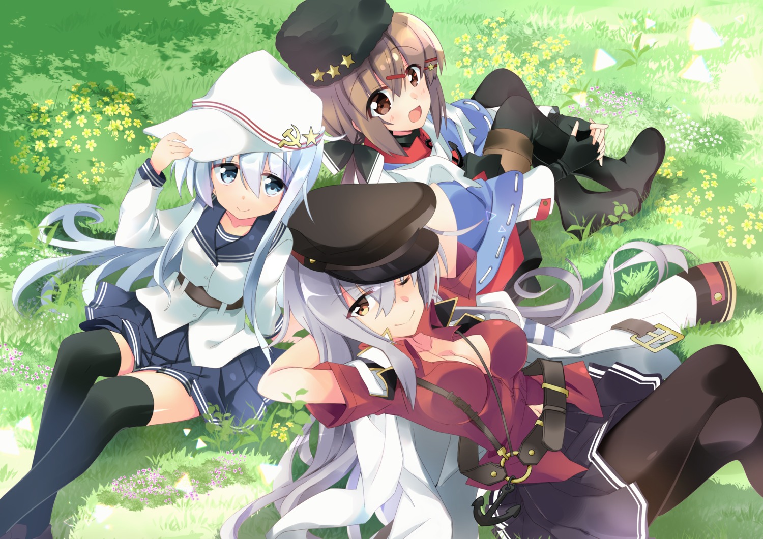 cleavage, gangut_(kancolle), hibiki_(kancolle), hizuki_yayoi, kantai_collection, pantyhose, seifuku, tashkent_(kancolle)