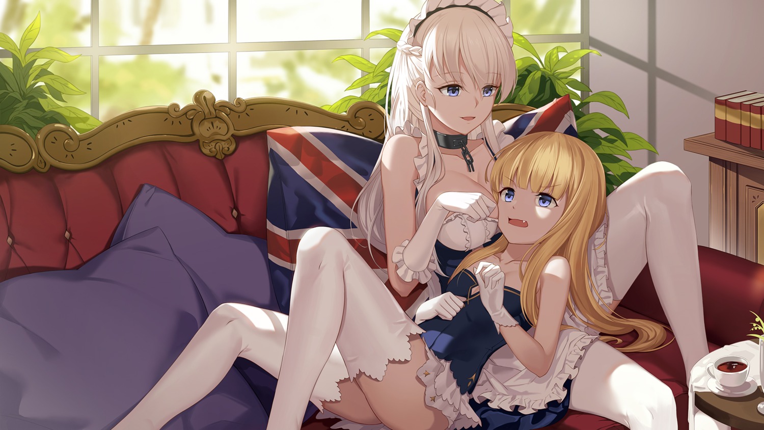 azur_lane, baseness, belfast_(azur_lane), cleavage, maid, queen_elizabeth_(azur_lane), thighhighs, wallpaper