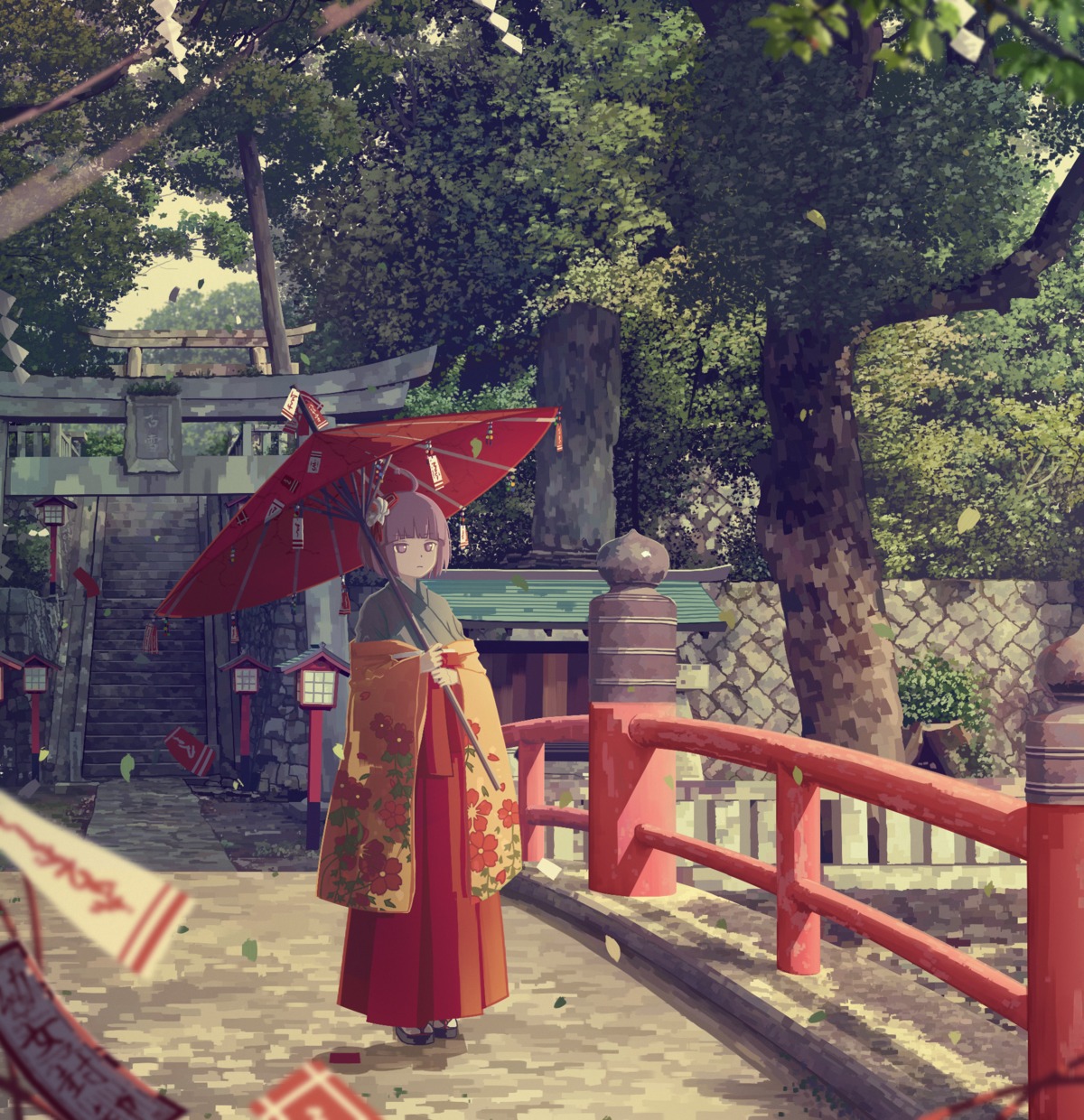 hieda_no_akyuu, japanese_clothes, koyuki_ekaki, landscape, touhou, umbrella
