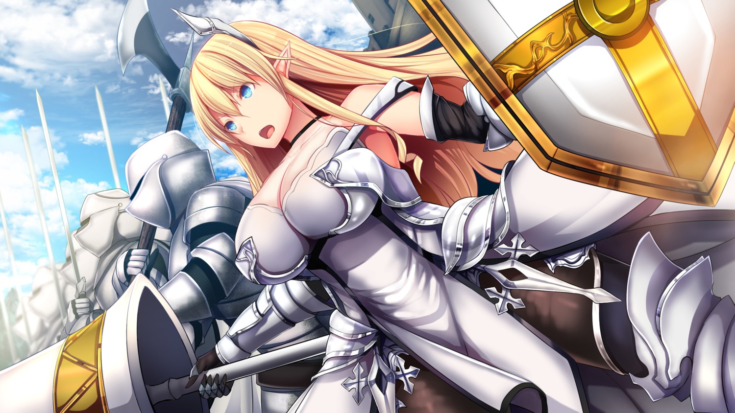armor, cleavage, daiaru, pantyhose, pointy_ears, sword, wallpaper, weapon