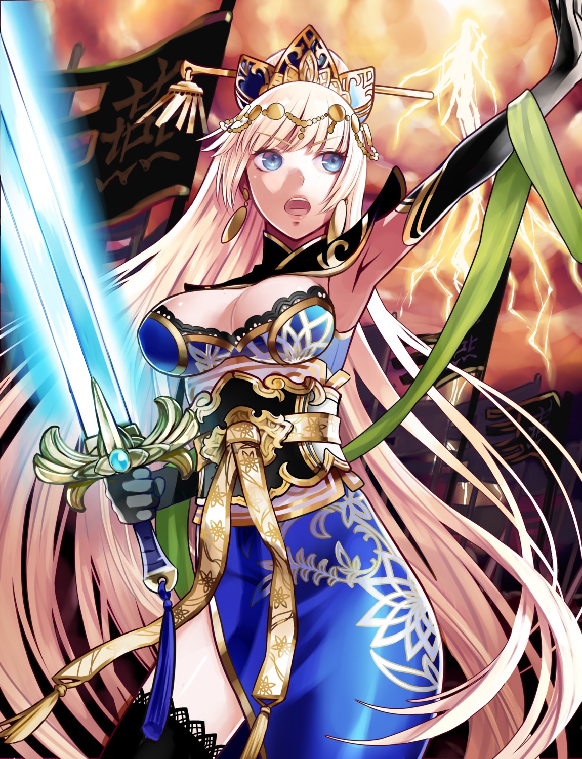 aoi_momo, asian_clothes, chrono_dios, cleavage, sword, thighhighs