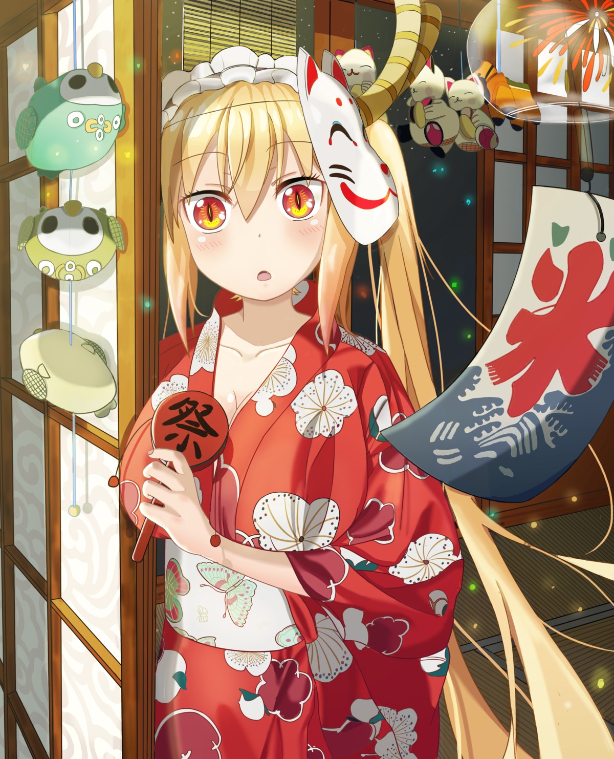 cleavage, horns, kobayashi-san_chi_no_maidragon, tooru_(maidragon), wuming, yukata