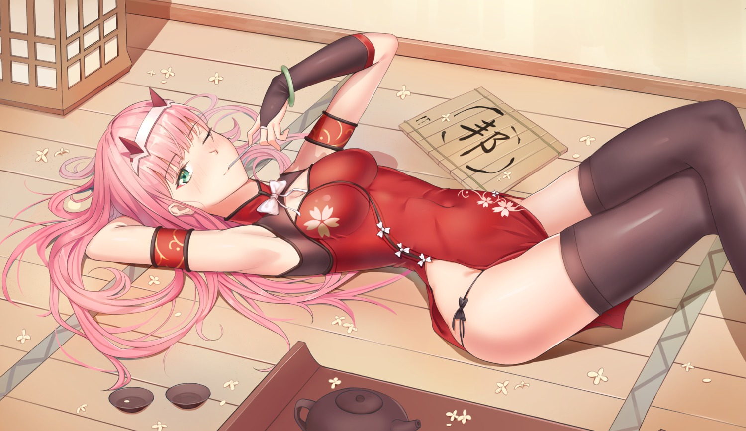 chinadress, cleavage, darcy, darling_in_the_franxx, horns, pantsu, sake, string_panties, thighhighs, zero_two_(darling_in_the_franxx)