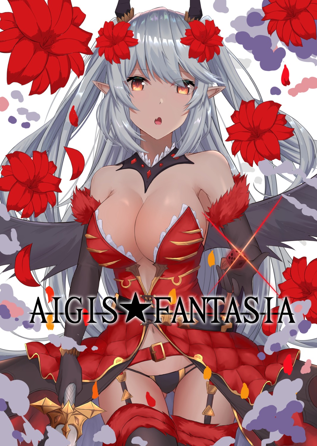 cleavage, gaitoou, horns, no_bra, pantsu, pointy_ears, sennen_sensou_aigis, stockings, thighhighs, wings