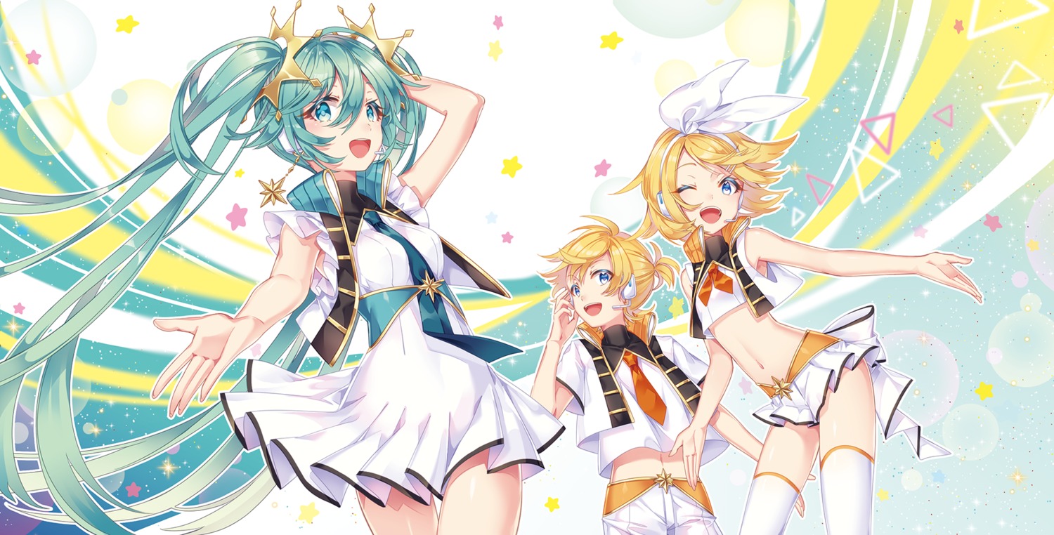 dress, hatsune_miku, headphones, kagamine_len, kagamine_rin, roten_(rotenburo), thighhighs, vocaloid